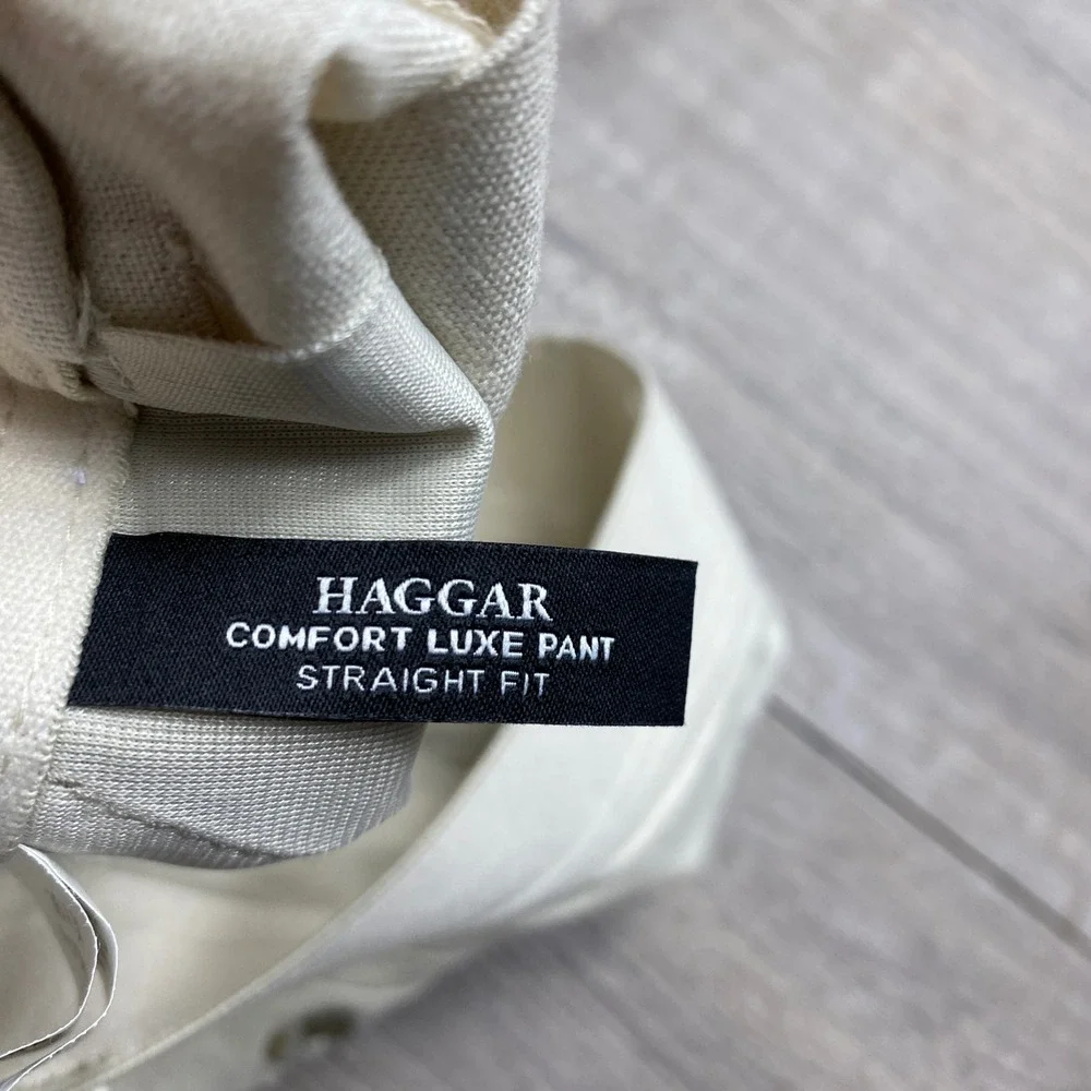 Haggar Comfort Luxe Pant Men 36x30 Cream Linen Blend Straight Fit Wide Leg Beach